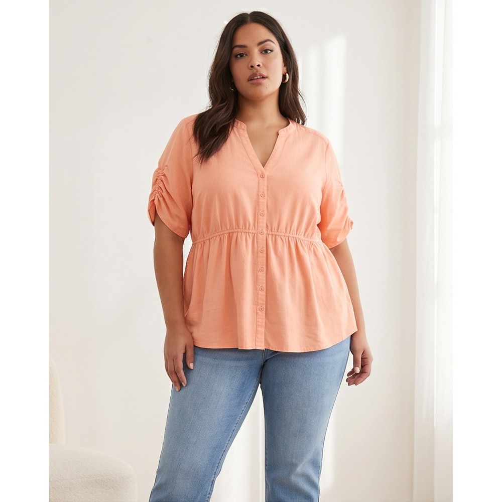 Torrid 3 Peach Rayon Button Front Babydoll Peplum Top Blouson Plus Size 3X